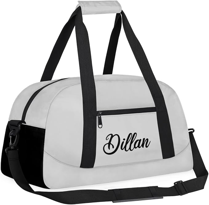 Custom Name Gym Duffel for Kids,Personalized Sports Bag Lightweight Gym Bags for Boys & Girls,Fitness Travel Weekender for Travel, and Workout Light Gray