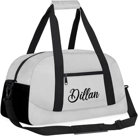 Custom Name Gym Duffel for Kids,Personalized Sports Bag Lightweight Gym Bags for Boys & Girls,Fitness Travel Weekender for Travel, and Workout Light Gray
