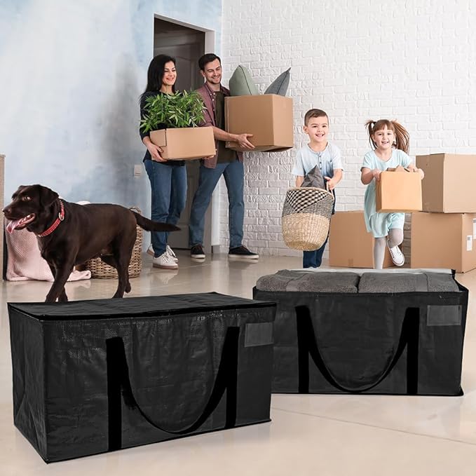 ClearSpace Heavy Duty Moving Bags or Storage Bags – Black Storage Bins with Lids, Large Moving Boxes with Backpack Straps & Zippers,– Packing Box & Moving Supplies for College Dorm, 4 Pack