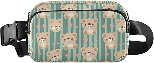 Kawaii Teddy Bears Green Stripe Fanny Pack for Women Men Water Resistant Fashion Waist Packs with Adjustable Strap Belt Bag for Travel Workout Jogging Hiking 21219330