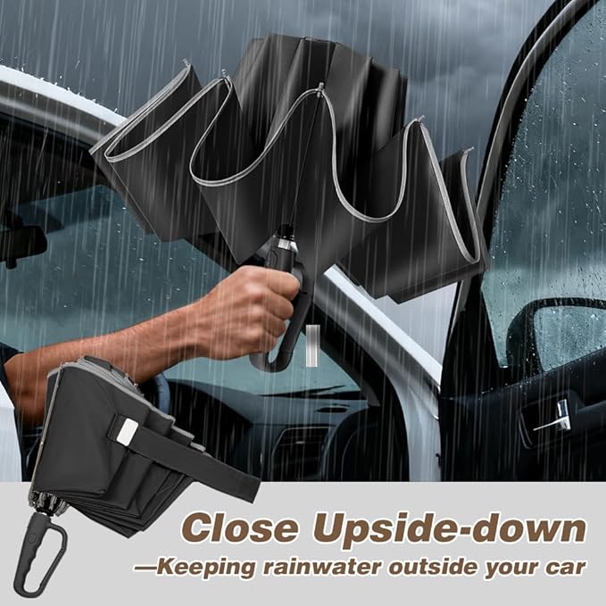 TOPSAIL 10 Ribs Inverted Umbrella with Carabiner Handle, Large Sturdy Folding Umbrellas Windproof for Rain & Sun, 49" Big Reverse Foldadble Umbrella for Travel Portable with Safe Reflective Strip, for Women Men