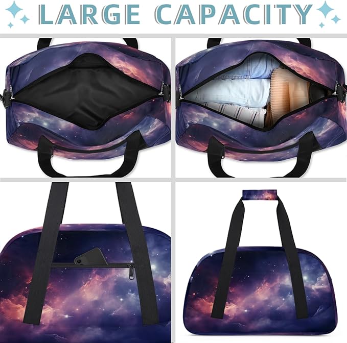 Purple Pink Nebula Sports Duffel Bags, Water-Resistant Gym Duffle Bag for Men Women, Lightweight Weekender Overnight Bag for Fitness, Workout, Travel