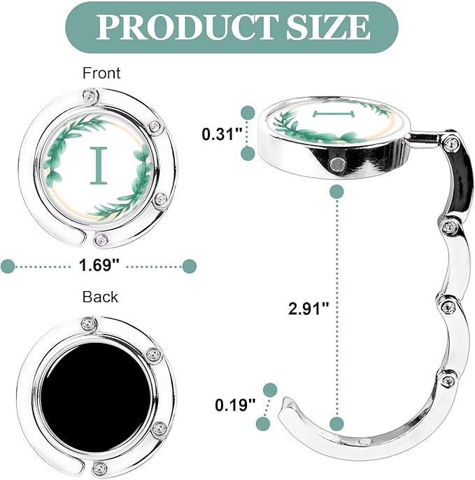 XSUIOY 3Pcs Personalized Initial Foldable Purse Hook for Table,Crushed Flower Letters Folding Purse Hanger,Purse Holder Handbag Hanger Collection Desk Table Bag Hooks Gifts for Women Bag(Green-I)
