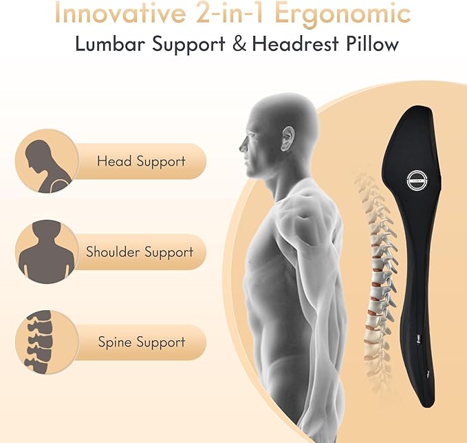 FLORICH Memory Foam Car Lumbar Support with Headrest Pillow 2-in-1 Car Seat Headrest & Lumbar Cushion Ergonomic Back Support Pillow Seat Cushion for Car Seat Driving Neck Back Pain Relief, Black