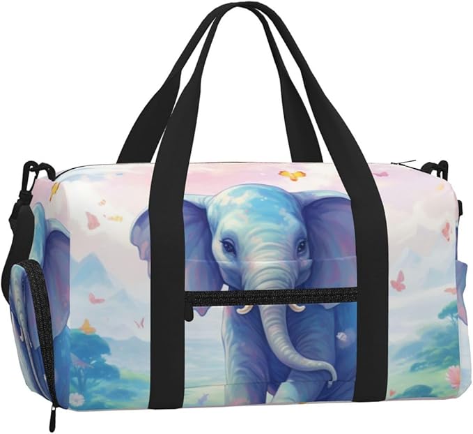 Sports Gym Bag Pink Cloud Cute Elephant Flowers Travel Duffel Bag With Shoe Compartment Shoulder Strap, Lightweight Water-Resistant Weekend Overnight Totes For Women Men