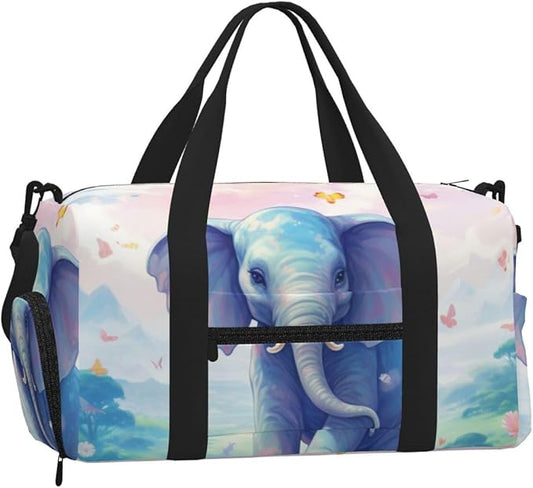 Sports Gym Bag Pink Cloud Cute Elephant Flowers Travel Duffel Bag With Shoe Compartment Shoulder Strap, Lightweight Water-Resistant Weekend Overnight Totes For Women Men