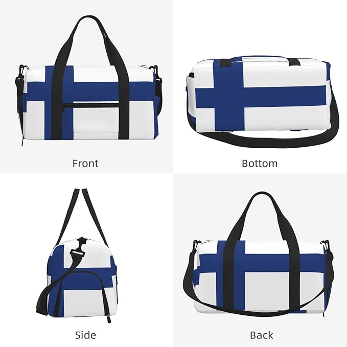 Finnish flag Print Gym Bag with Shoe Compartment for Women Men, 17.7in Sports Duffle Weekender Tote, Overnight Travel Duffel Bag Carry On