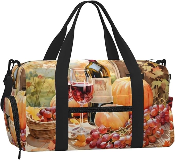 Sports Gym Bag Grape Wine Art Painting Travel Duffel Bag With Shoe Compartment Shoulder Strap, Lightweight Water-Resistant Weekend Overnight Totes For Women Men