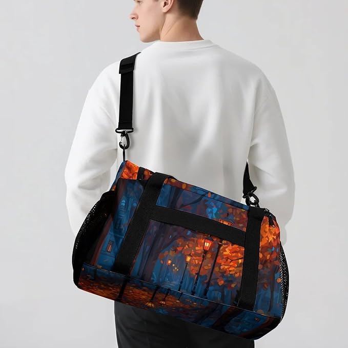 Autumn Path with Streetlights Duffle Bag Gym Bag for Workout Travel Tote with Detachable Straps