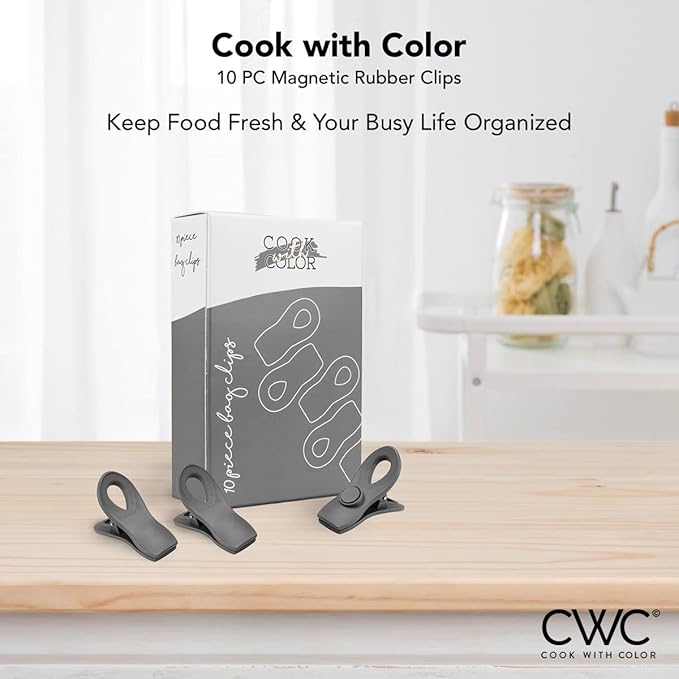 COOK WITH COLOR Bag Clips with Magnet- Food, Chip, Bag Clips for Food Storage with Airtight Seal Grip for Bread, Snack and Food Bags (Gray, Pack of 10)