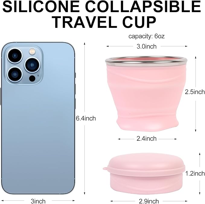 Collapsible Travel Cup with Lid (6oz/180ml) - BPA Free Silicone Folding Cup with Stainless Steel Rim - Portable Pocket Size Drinking Cup for Mouthwash, Pills, Hiking, Camping & Kids(Pink)