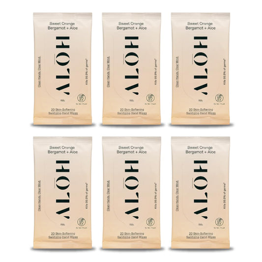 ALŌH Sweet Orange Bergamot + Aloe Sanitizing Hand Wipes - Clean Hands, Clear Mind - On The Go Hand Sanitizer Wipes for Kids and Adults - Travel Size (6 Pack, 20ct Wipes)