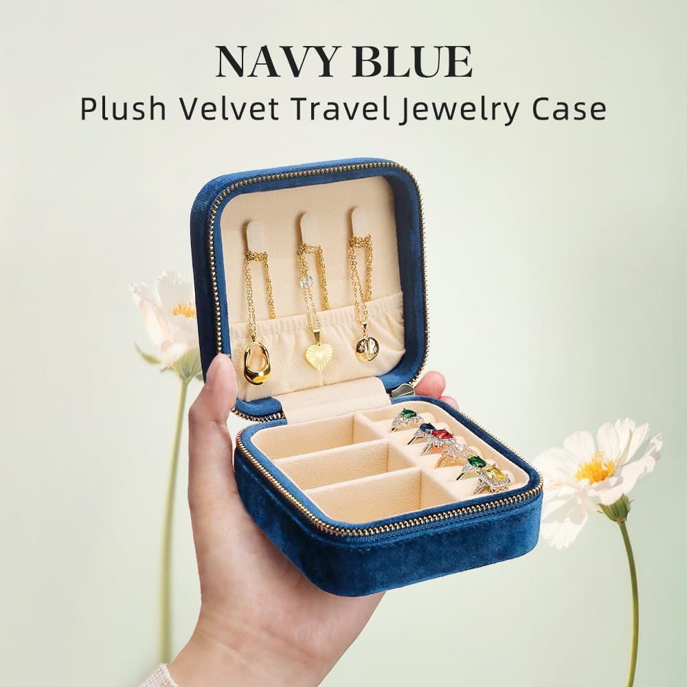 TAIMY Plush Velvet Travel Jewelry Box, Small Travel Jewelry Case, Portable Mini Jewelry Travel Organizer Boxes for Rings Earrings Necklaces Bracelets(Navy Blue,No Mirror)