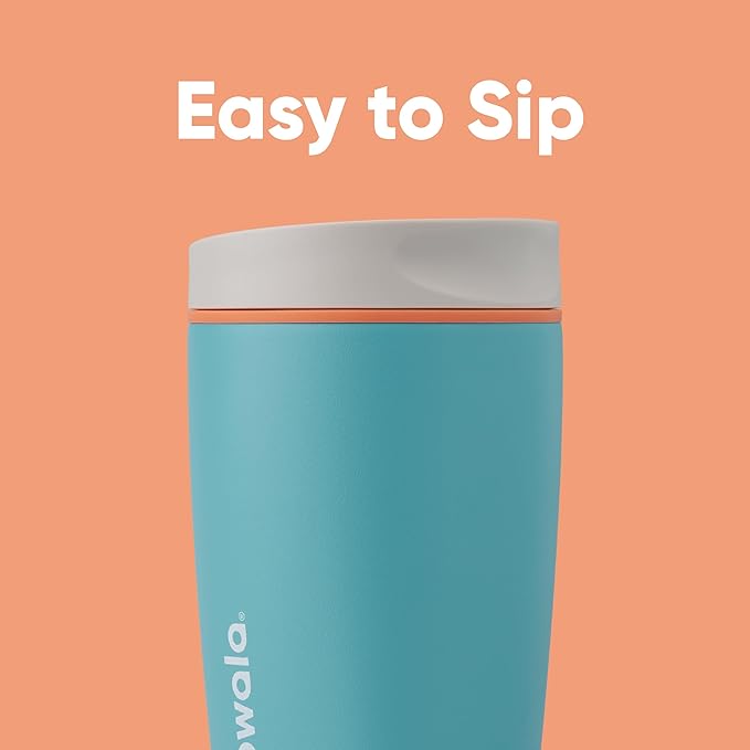 Owala SmoothSip Slider Insulated Stainless Steel Coffee Tumbler, Reusable Iced Coffee Cup, Hot Coffee Travel Mug, BPA Free 12 oz, Grey/Blue (Beachy Breeze)