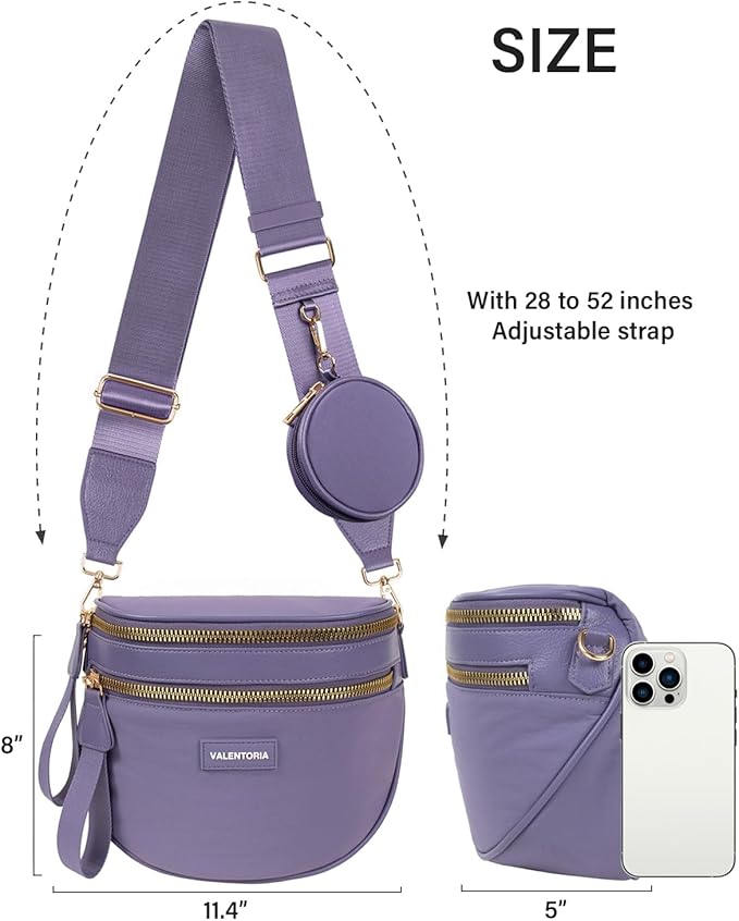2 in 1 Nylon Crossbody Bags for Women Spacious Bum Bags for Women Crossbody Large Fanny Pack with Removable Wallets Purse Belt Pouch (Cloudy Purple)