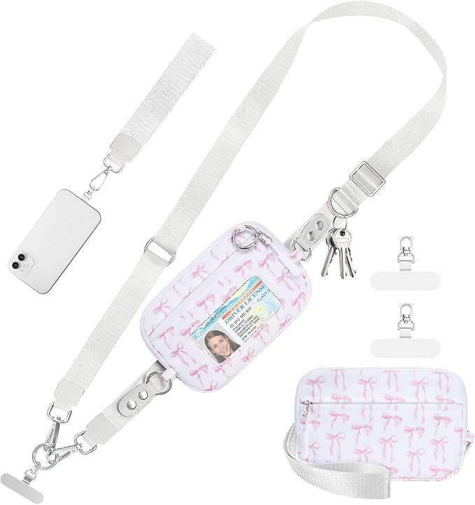 Clip and Go Strap for Phone with Wallet Crossbody Phone Lanyard and Detachable Checkered Bag with ID Window and RFID Pouch for Daily Travel. Bow