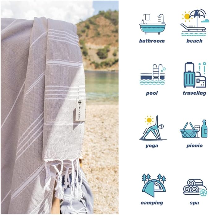 Hencely Turkish Beach Towel 37x68 Oversized, Sand-Free, Quick-Dry, Lightweight - Travel Essential for Pool & Bath - Striped 100% Cotton Bathroom Towels Accessories Gift (Silver)