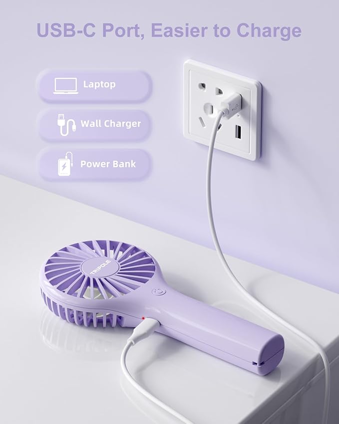 TriPole Portable Handheld Fan - Mini Personal with 3 Speeds, Powerful Little Battery Hand Held Fan for Travel Outdoor Concerts, Cute Small Rechargeable Lash Dryer for Makeup Skincare Drying, Purple