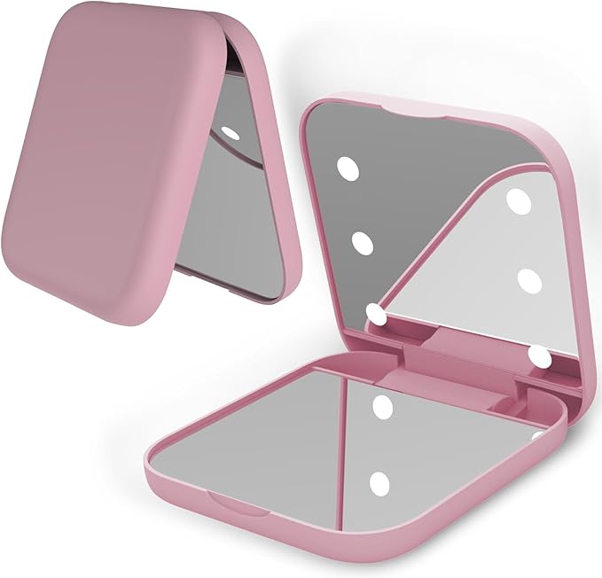 Compact Pink Travel Mirror - 3X Magnification & LED Lights for Makeup - Folding Handheld Mirror