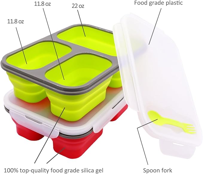 2 Pack Big Size Collapsible Silicone Bento Lunch Boxes With Lids Spoons Forks,3 Compartments, Divided Lunch Food Storage Containers, Safe in Microwave, Dishwasher and Freezer, 45.6oz, BPA Free
