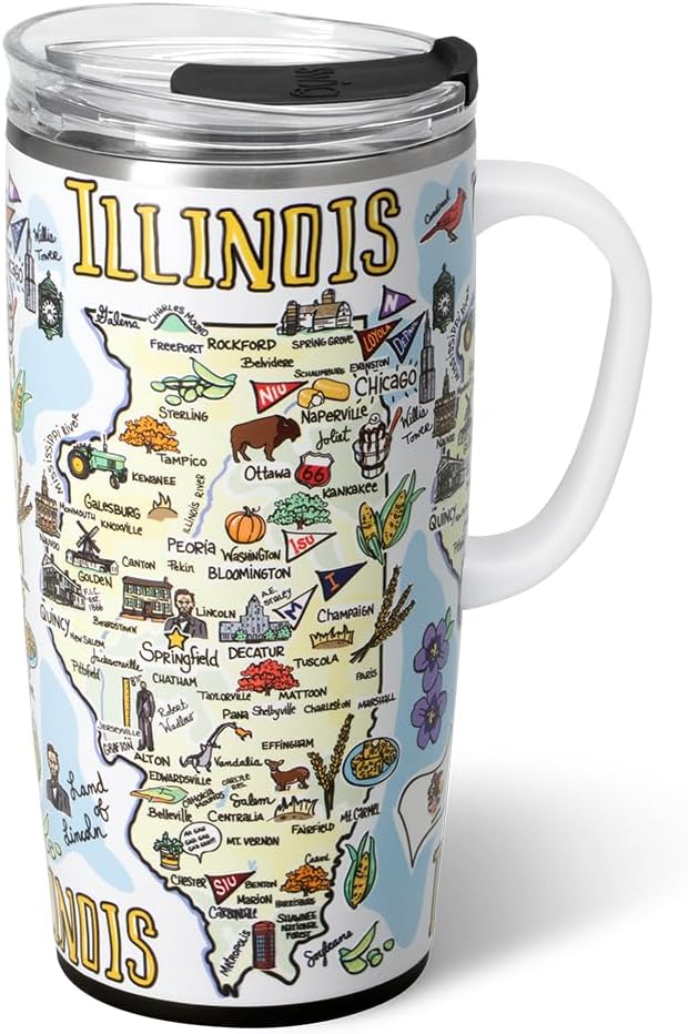 Swig Life 22oz Travel Mug, Insulated Tumbler with Handle and Lid, Travel Coffee Mug, Cup Holder Friendly, Stainless Steel 22 oz Tumbler, Reusable Insulated with Lid (Illinois)