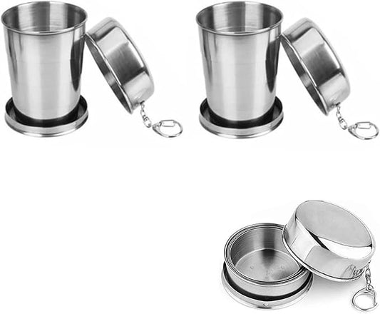 2Pcs 70ML /2.5oz Stainless Steel Folding Cup, Reusable Portable Collapsible Cup Drinking Mug with Lids Keychain for Outdoor Travel Camping Hiking Fishing