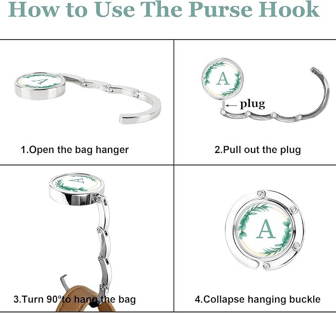 XSUIOY 3Pcs Personalized Initial Foldable Purse Hook for Table,Crushed Flower Letters Folding Purse Hanger,Purse Holder Handbag Hanger Collection Desk Table Bag Hooks Gifts for Women Bag(Green-B)