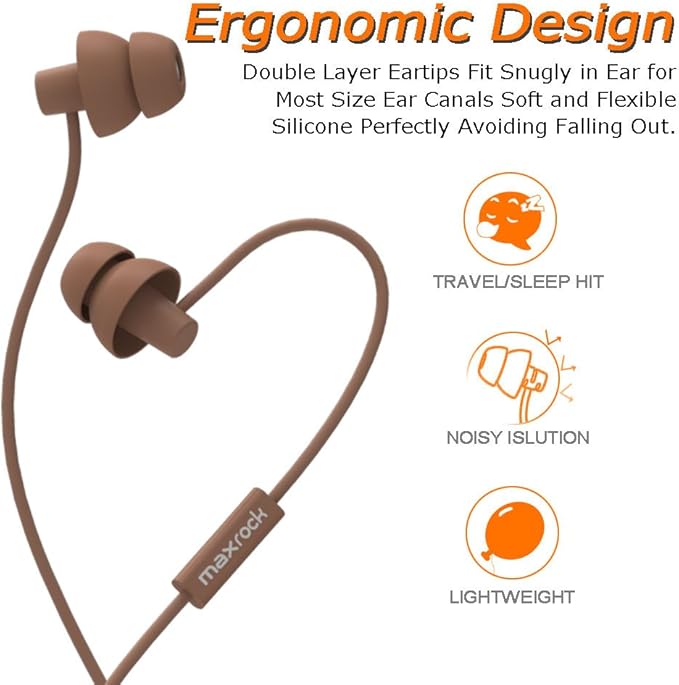MAXROCK Sleeping Headphones, in-Ear Soundproof Earplug Soft Earbuds with Mic Noise Cancelling Sleep Earphones for Side Sleeper, Insomnia, Snoring, Air Travel, Bedtime Listening (Coffee)