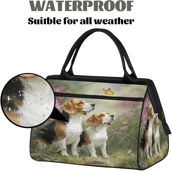 Travel Duffel Bag, Two Cute Beagle Dogs Floral Waterproof Sports Gym Duffle Bag, Large Capacity Weekender Carry On Overnight Bags for Women Men