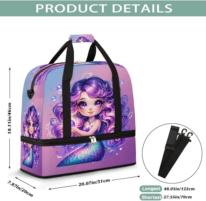 Purple Mermaid Girls Large Weekender Bag with Shoe Compartment Travel Duffel Bags for Women Carry On Hospital Overnight Bag Foldable Personal Item Travel Bags Tote Gym Sports Airplanes