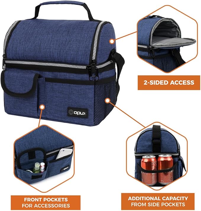 OPUX Lunch Box for Men, Adult Lunch Box Cooler, Insulated Lunch Bag Women, Dual Compartment Lunchbox for Work, Leakproof Double Decker Lunch Bag, Soft Lunch Pail Tote Boys Girls Kids School, Navy Blue