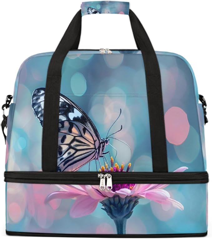 Pink Flower Butterfly Large Weekender Bag with Shoe Compartment Travel Duffel Bags for Women Carry On Hospital Overnight Bag Foldable Personal Item Travel Bags Tote Gym Sports Airplanes