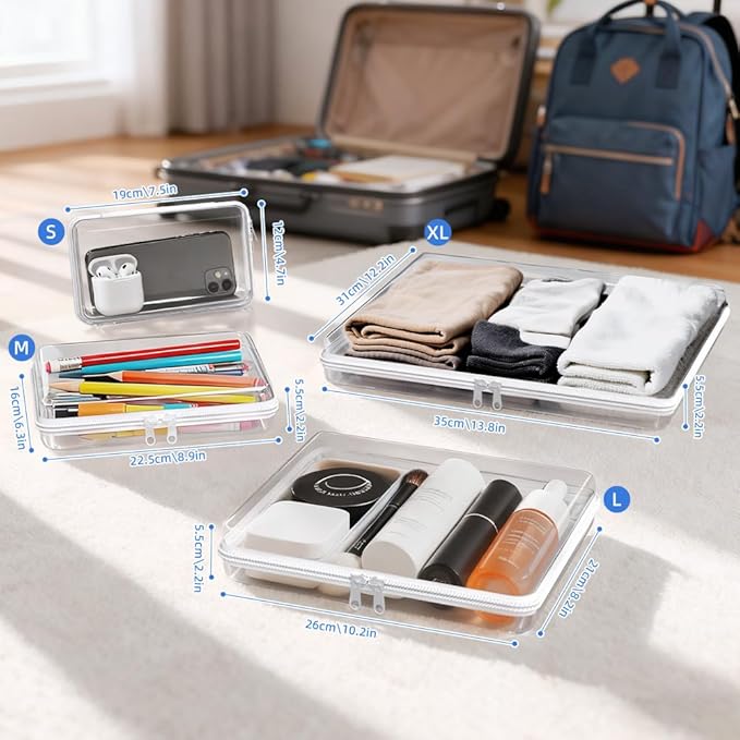 4Pcs Clear Hard Shell Zipper Case -Transparent Pouch Bag Storage Case Plastic Packing Cube Sided Organizer Container Box, Lightweight Foldable for Travel, Pencil, Cosmetics, Toiletry, Toy(SMLXL)
