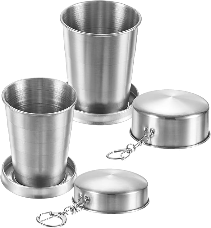 2 Pack Stainless Steel Collapsible Travel Cup, 2.4/5oz Reusable Collapsible Metal Cup Portable Foldable Water Bottle with Lid and Keychain for Travel/Camping/Hiking