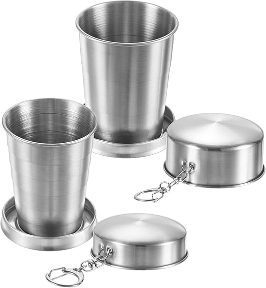 2 Pack Stainless Steel Collapsible Travel Cup, 2.4/5oz Reusable Collapsible Metal Cup Portable Foldable Water Bottle with Lid and Keychain for Travel/Camping/Hiking