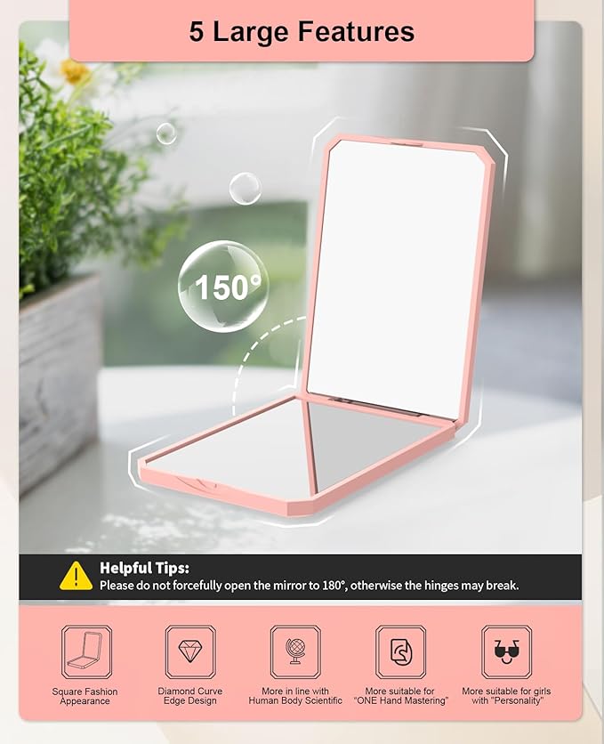 WOBSION Small Compact Mirror,1x/2x Travel Magnifying Mirror,2-Sided Handheld Portable Folding Mirror for Purse,Pocket,Gifts,Square(Pink)