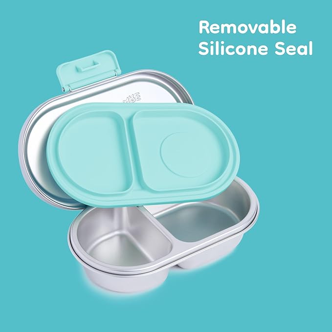 Good Bare Stainless Steel Snack Container for Kids – 2 Compartment Metal Bento Box, Leakproof, Non-Toxic, Easy-Open Latch, Dishwasher Safe, Small Snack Pack, Perfect for On-the-Go (Mint Green)