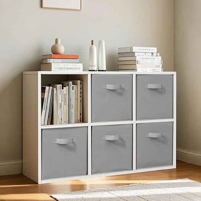Easi 11 inch Cube Storage Bins, 5 Storage Cube Organizer, Collapsible Fabric storage cubes with Handles, Closet Storage Basket For Organization, Shelf Basket For Shelves Clothes Books, Gray