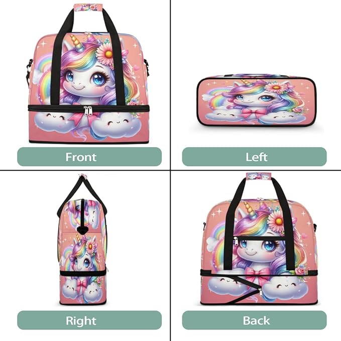 Rainbow Animal Unicorn Pink Large Weekender Bag with Shoe Compartment Travel Duffel Bags for Women Carry On Hospital Overnight Bag Foldable Personal Item Travel Bags Tote Gym Sports Airplanes
