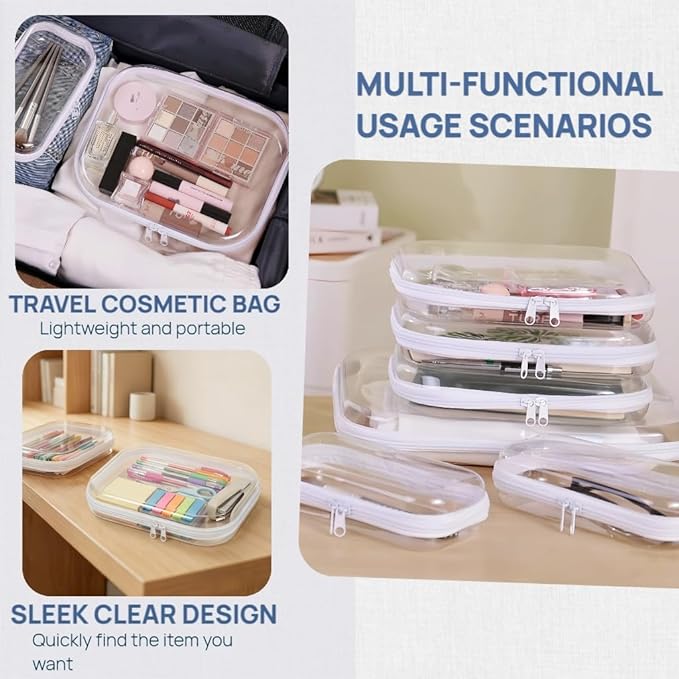 3PCS Clear Hard Plastic Zipper Case, Double Zippers Hard Pouch, Portable Travel Organizer Bin Clear Makeup Bag for Toy Storage, Snack Bag, Cosmetics, Pencil Case, Diaper Bag, Toiletry Bag (1M+2S)