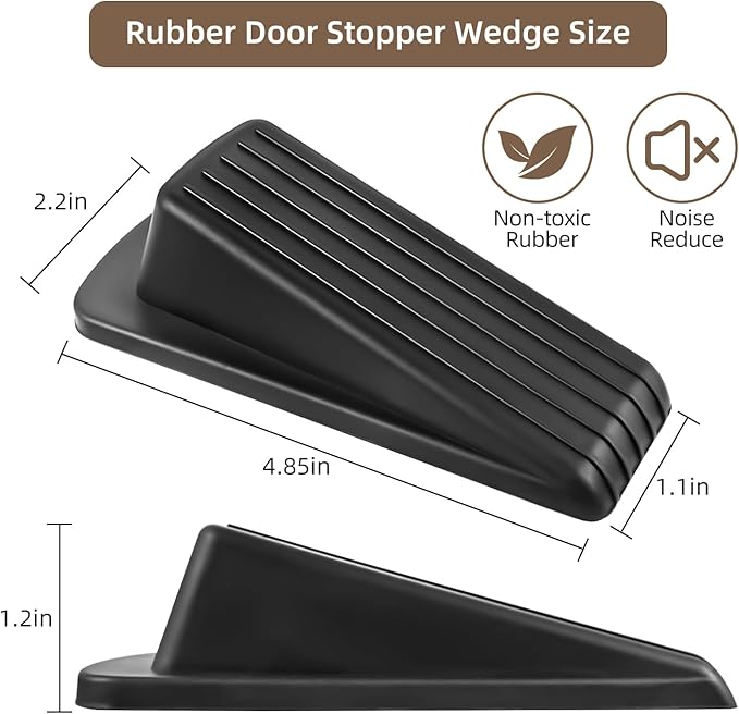 Door Stoppers for Bottom of Door on Floor, Premium Rubber Door Stopper Wedge, Floor Sturdy Stackable Door Stops for Carpet Heavy Duty Door, Door Gaps (Black, 4 Pack)