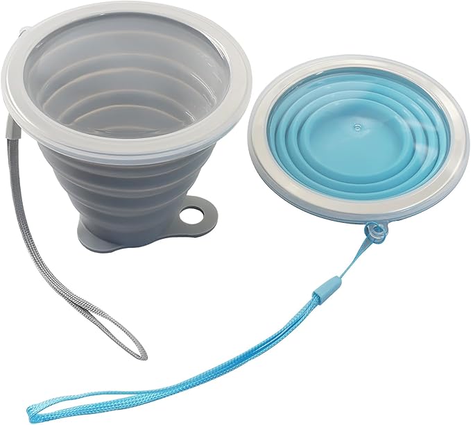 2 Pack Silicone Collapsible Cups for Camping Traveling, Small Portable Foldable Drinking Cup with Lid for Outdoor Hiking (270ml, Blue/Gray)