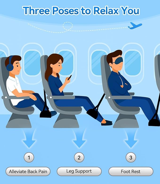 Portable Airplane Foot Hammock(Memory Foam)-Ultimate Comfort Bundle w/Sleep Mask & Ear Plugs, Foot Hammock for Plane Travel Essentials to Relax Your Feet, Airplane Foot Rest for Plane Travel 04