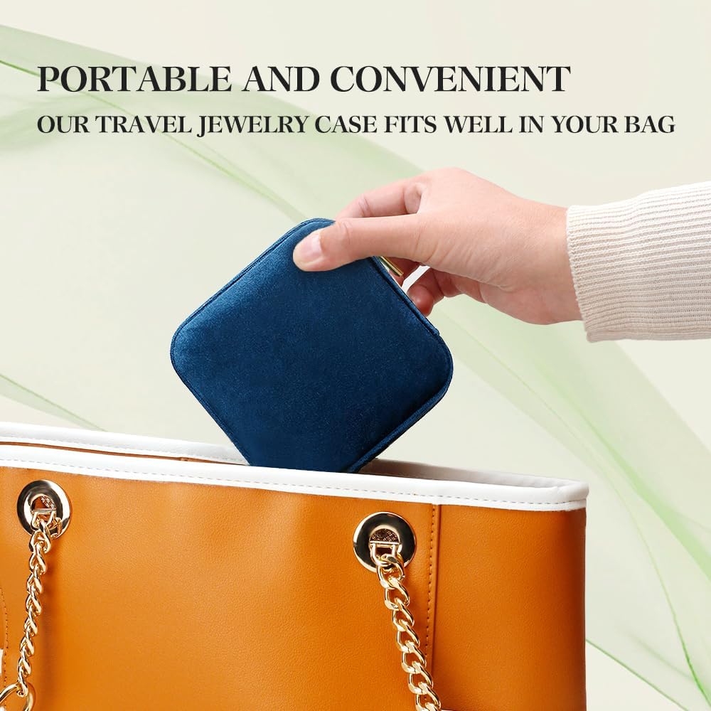 TAIMY Plush Velvet Travel Jewelry Box, Small Travel Jewelry Case, Portable Mini Jewelry Travel Organizer Boxes for Rings Earrings Necklaces Bracelets(Navy Blue,No Mirror)