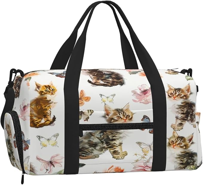 Sports Gym Bag Butterflies Cats Kittens Pattern Travel Duffel Bag With Shoe Compartment Shoulder Strap, Lightweight Water-Resistant Weekend Overnight Totes For Women Men