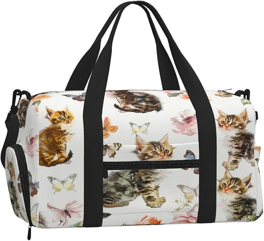 Sports Gym Bag Butterflies Cats Kittens Pattern Travel Duffel Bag With Shoe Compartment Shoulder Strap, Lightweight Water-Resistant Weekend Overnight Totes For Women Men