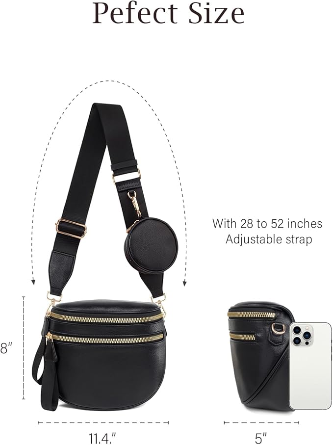 Valentoria Fashionable Womens Leather Waist Bag Crossbody Bag Detachable Wallet Adjustable Shoulder Strap (Black)