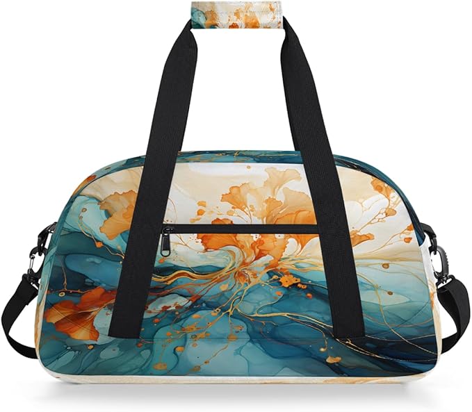 Orange Teal Marble Sports Duffel Bags, Water-Resistant Gym Duffle Bag for Men Women, Lightweight Weekender Overnight Bag for Fitness, Workout, Travel
