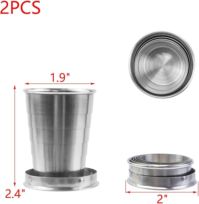 MY MIRONEY 2PCS Stainless Steel Collapsible Cup Telescopic Shot Glasses Portable Outdoor Folding Cup with Metal Keychain and Lid for Travel, Camping, Picnic (2.5 Oz)