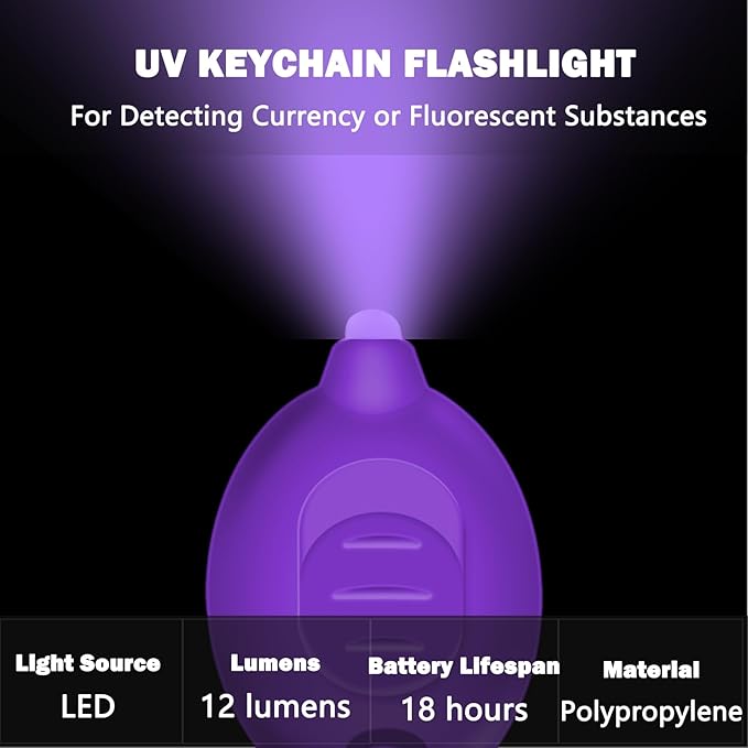 Mini UV Keychain Flashlight, Portable Black Light, 12 Lumen Ultra Bright Tiny Flashlight, Small Keychain Flashlight for Stain Detection & Scorpion Finder, Battery Included (12PCS)